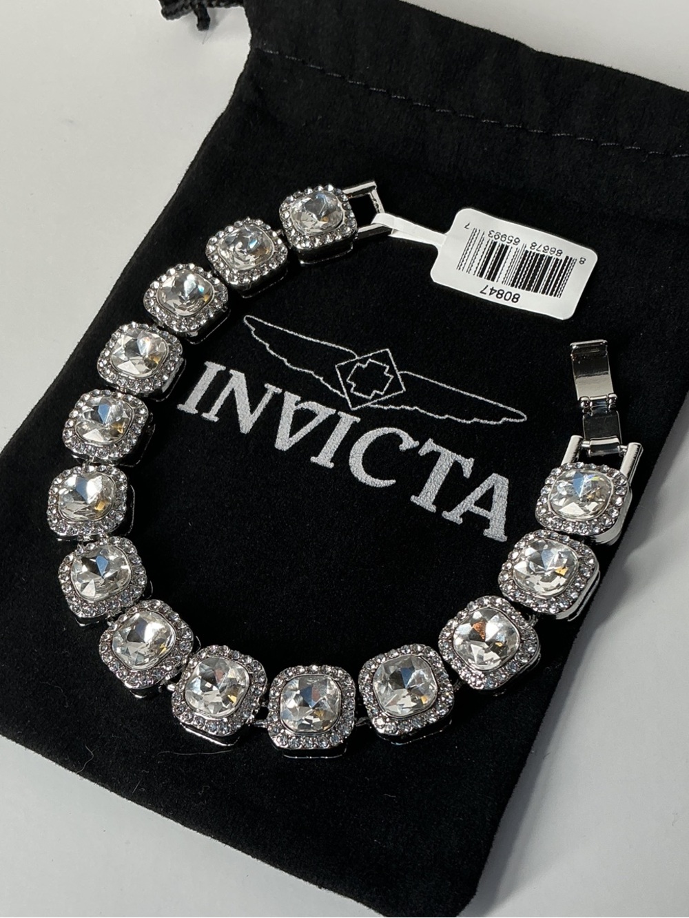 8” unisex Invicta Silver-Tone Bracelet with Clear Crystals